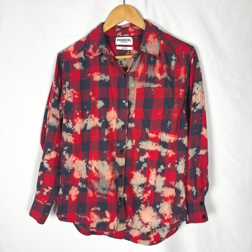 Essentiel Antwerp Bleach Distressed Plaid Button Down Flannel Shirt 34/ US XS